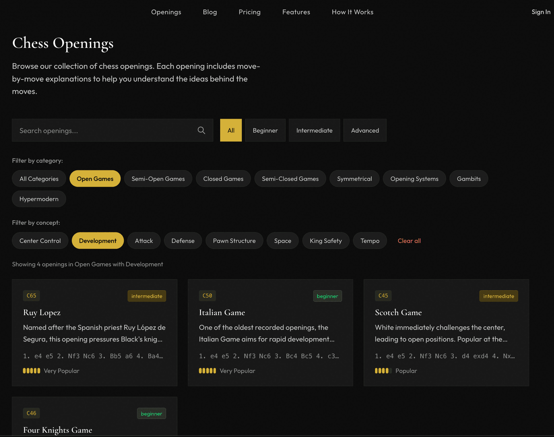 Opening library with search and filters